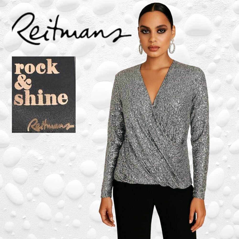 Gorgeous 'Rock & Shine" Reitmans Silver Sequin Crossover Top – XS/S – NWOT